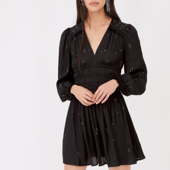 Maje Satin Dress with Ruffles & Studs - Black - Picture 1 of 5